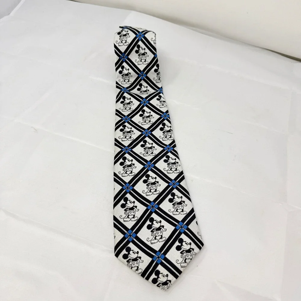 Disney Mickey Mouse Mens Necktie Navy Blue Cream Diamond Grid